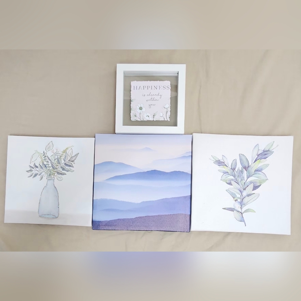 Set of 4 Modern Wall Art Decor Happiness Glass Shadow Box & 3 Botanical Canvases